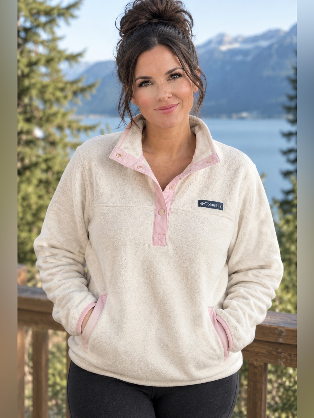 Columbia Cream Fleece Pullover with Pink Trim